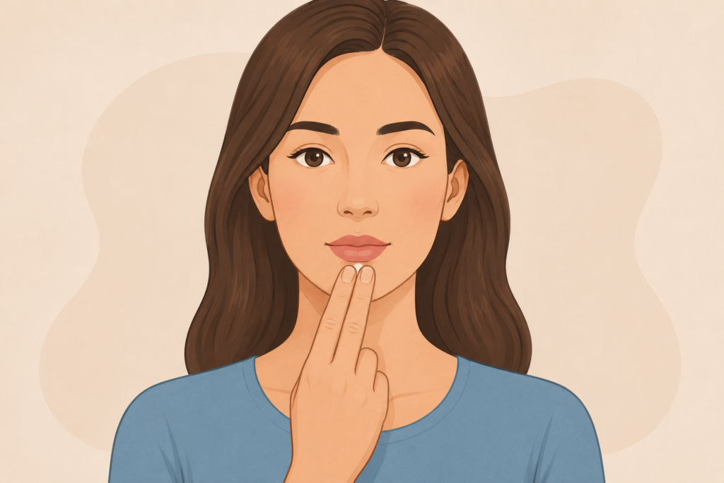 Ilustrație a unei femei care aplică tehnica EFT tapping pe punctul de sub buză.